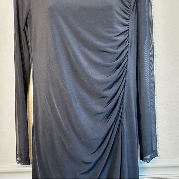 Chico’s Women’s Black Knee Length Dress Sheer Sleeves Ruched Side Size 0 - Picture 3 of 11